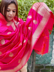 Pink Handwoven Banarasi Dupatta in Pure Katan Silk