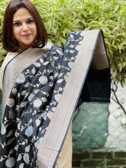 Black Handwoven Banarasi Dupatta in Pure Katan Silk