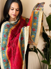 Red Rai Bandhej Dupatta with Handpainted Kalamkari Pallu in Pure Muga Silk