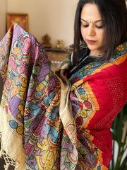Red Rai Bandhej Dupatta with Handpainted Kalamkari Pallu in Pure Muga Silk