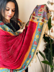 Red Rai Bandhej Dupatta with Handpainted Kalamkari Pallu in Pure Muga Silk