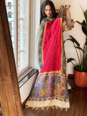 Red Rai Bandhej Dupatta with Handpainted Kalamkari Pallu in Pure Muga Silk