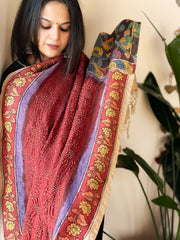 Brick Red Rai Bandhej Dupatta with Handpainted Kalamkari Pallu in Pure Muga Silk