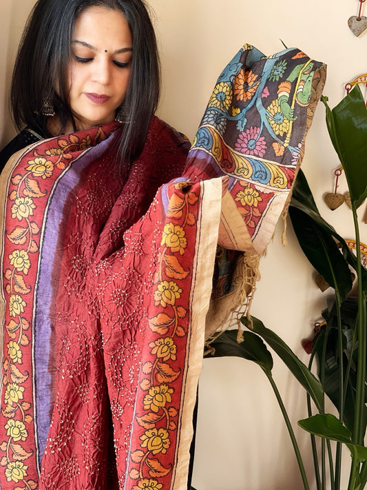 Brick Red Rai Bandhej Dupatta with Handpainted Kalamkari Pallu in Pure Muga Silk