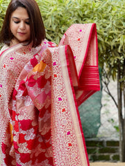Red Handwoven Banarasi Rangkhat Dupatta in Pure Katan Silk