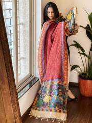 Brick Red Rai Bandhej Dupatta with Handpainted Kalamkari Pallu in Pure Muga Silk