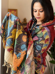 Brick Red Rai Bandhej Dupatta with Handpainted Kalamkari Pallu in Pure Muga Silk