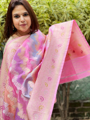 Pink Handwoven Banarasi Rangkhat Dupatta in Pure Katan Silk
