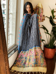 Deep Blue Rai Bandhej Dupatta with Handpainted Kalamkari Pallu in Pure Muga Silk