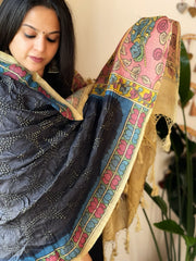 Deep Blue Rai Bandhej Dupatta with Handpainted Kalamkari Pallu in Pure Muga Silk