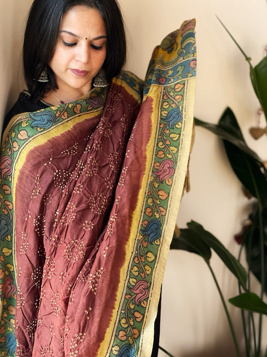 Brick Rai Bandhej Dupatta with Handpainted Kalamkari Pallu in Pure Muga Silk