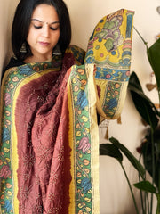 Brick Rai Bandhej Dupatta with Handpainted Kalamkari Pallu in Pure Muga Silk