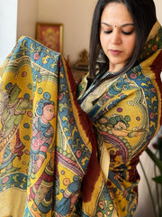 Brick Rai Bandhej Dupatta with Handpainted Kalamkari Pallu in Pure Muga Silk