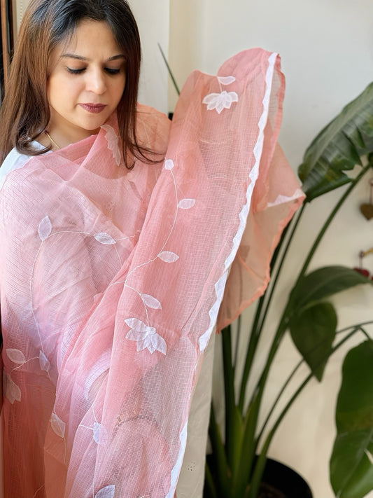 Peach Applique handwork Dupatta in Kota Cotton