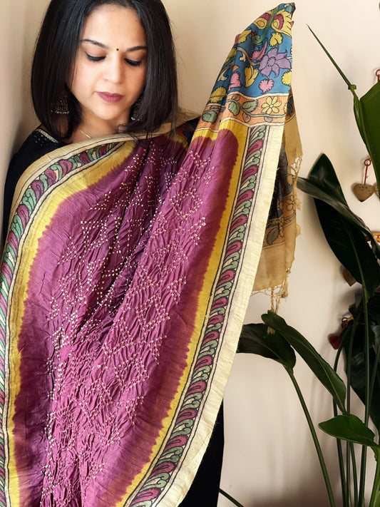 Onion Pink Rai Bandhej Dupatta with Handpainted Kalamkari Pallu in Pure Muga Silk