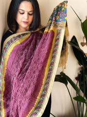 Onion Pink Rai Bandhej Dupatta with Handpainted Kalamkari Pallu in Pure Muga Silk