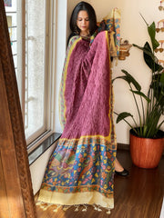 Onion Pink Rai Bandhej Dupatta with Handpainted Kalamkari Pallu in Pure Muga Silk