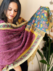 Onion Pink Rai Bandhej Dupatta with Handpainted Kalamkari Pallu in Pure Muga Silk