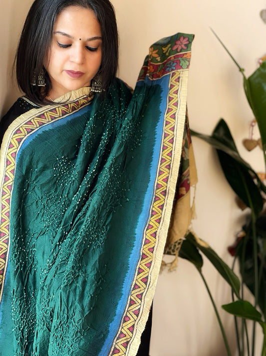 Green Rai Bandhej Dupatta with Handpainted Kalamkari Pallu in Pure Muga Silk