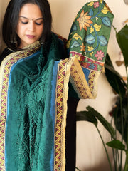 Green Rai Bandhej Dupatta with Handpainted Kalamkari Pallu in Pure Muga Silk