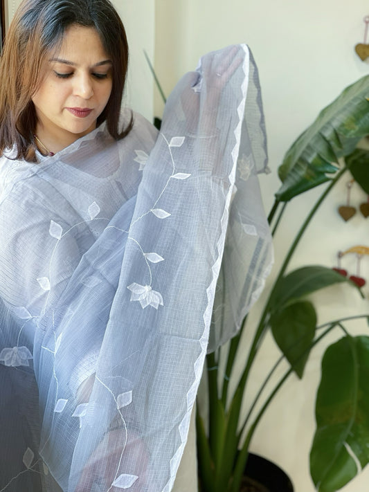 Powder Blue Applique handwork Dupatta in Kota Cotton