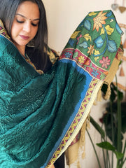 Green Rai Bandhej Dupatta with Handpainted Kalamkari Pallu in Pure Muga Silk