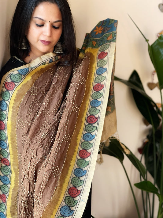 Golden Brown Rai Bandhej Dupatta with Handpainted Kalamkari Pallu in Pure Muga Silk