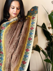 Golden Brown Rai Bandhej Dupatta with Handpainted Kalamkari Pallu in Pure Muga Silk