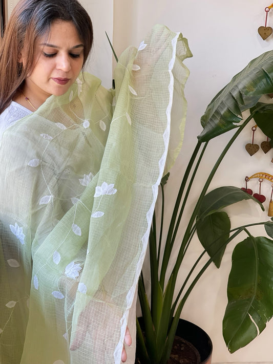 Pista Green Applique handwork Dupatta in Kota Cotton
