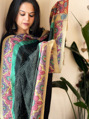 Deep Green Rai Bandhej Dupatta with Handpainted Kalamkari Pallu in Pure Muga Silk