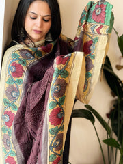 Cola Brown Rai Bandhej Dupatta with Handpainted Kalamkari Pallu in Pure Muga Silk