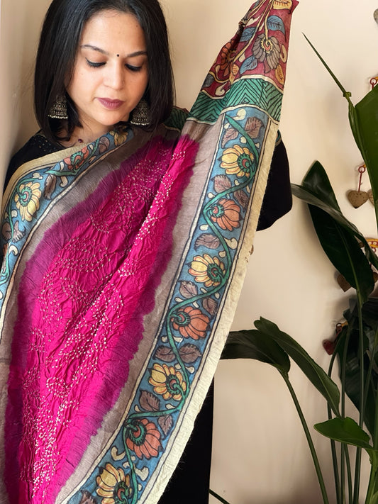Pink Rai Bandhej Dupatta with Handpainted Kalamkari Pallu in Pure Muga Silk