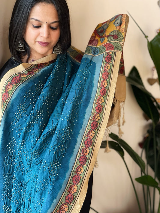 Firozi Blue Rai Bandhej Dupatta with Handpainted Kalamkari Pallu in Pure Muga Silk