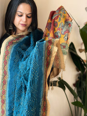 Firozi Blue Rai Bandhej Dupatta with Handpainted Kalamkari Pallu in Pure Muga Silk