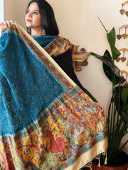 Firozi Blue Rai Bandhej Dupatta with Handpainted Kalamkari Pallu in Pure Muga Silk
