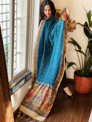 Firozi Blue Rai Bandhej Dupatta with Handpainted Kalamkari Pallu in Pure Muga Silk