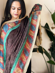 Chocolate Brown Rai Bandhej Dupatta with Handpainted Kalamkari Pallu in Pure Muga Silk