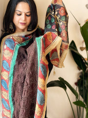 Chocolate Brown Rai Bandhej Dupatta with Handpainted Kalamkari Pallu in Pure Muga Silk
