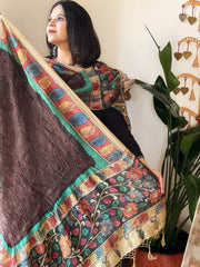 Chocolate Brown Rai Bandhej Dupatta with Handpainted Kalamkari Pallu in Pure Muga Silk