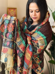 Chocolate Brown Rai Bandhej Dupatta with Handpainted Kalamkari Pallu in Pure Muga Silk