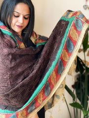 Chocolate Brown Rai Bandhej Dupatta with Handpainted Kalamkari Pallu in Pure Muga Silk
