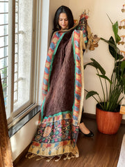 Chocolate Brown Rai Bandhej Dupatta with Handpainted Kalamkari Pallu in Pure Muga Silk