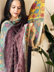 Cola Brown Rai Bandhej Dupatta with Handpainted Kalamkari Pallu in Pure Muga Silk