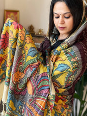 Cola Brown Rai Bandhej Dupatta with Handpainted Kalamkari Pallu in Pure Muga Silk