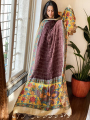 Cola Brown Rai Bandhej Dupatta with Handpainted Kalamkari Pallu in Pure Muga Silk