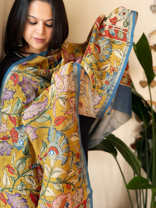 Handpainted Kalamkari Dupatta with Thread & Mirror Handwork in Chanderi Silk