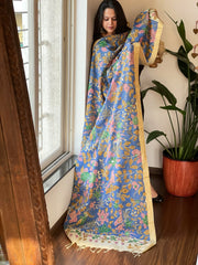 Handpainted Kalamkari Dupatta with Thread & Mirror Handwork in Chanderi Silk