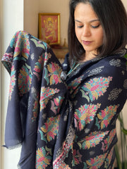 Navy Blue Woven Pashmina Stole with Self and Kaani Pallu