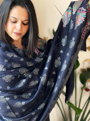 Navy Blue Woven Pashmina Stole with Self and Kaani Pallu