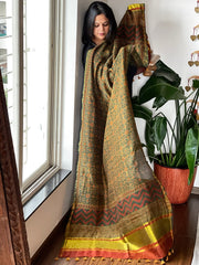 Green Ajrakh Handblock Printed Dupatta on Chanderi Silk